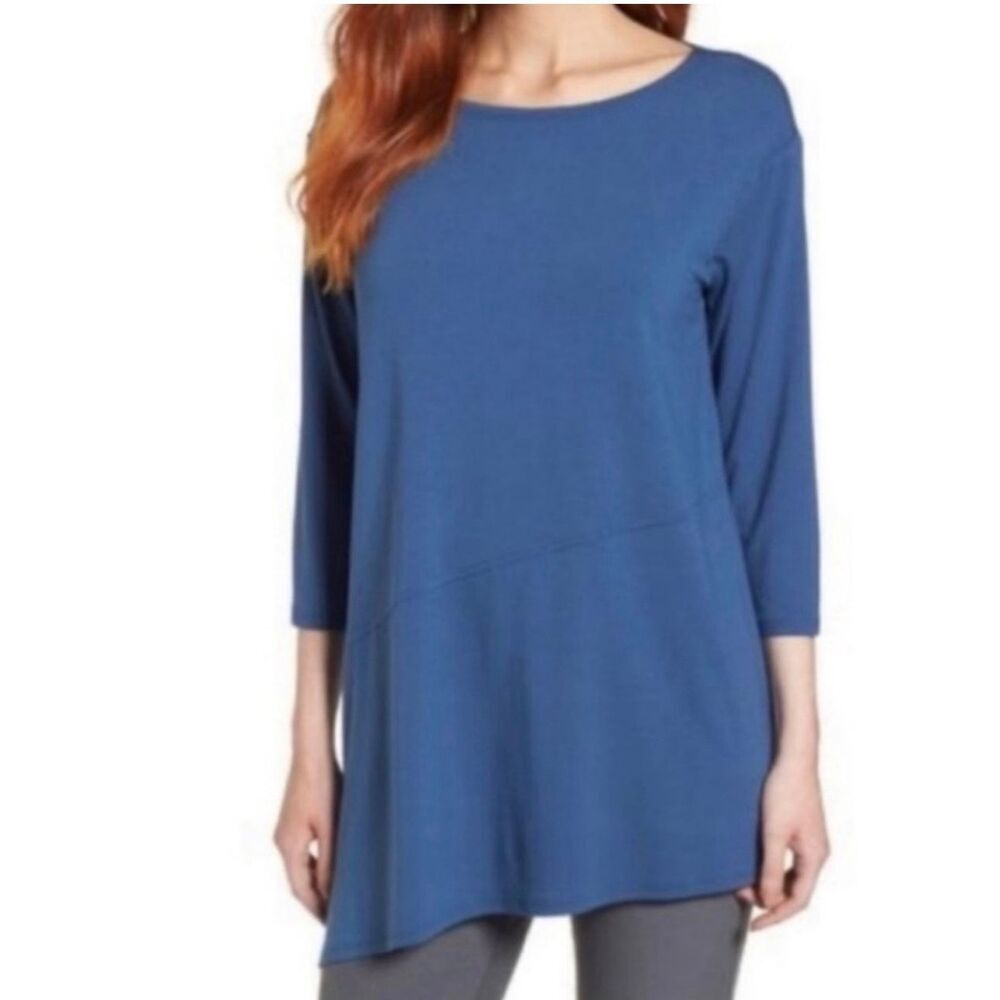 NWT Eileen Fisher Asymmetrical Jersey Top Blue Denim Ballet Neck Top Size XL